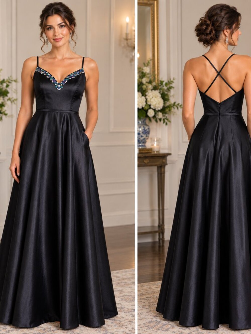 NWT Maniju Maxi Ball Gown Size Large – Black Jeweled Formal Dress